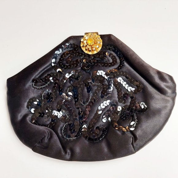 Vintage Handbags - Vintage Lefaye Black Satin & Sequins Small Clutch Purse 1940's